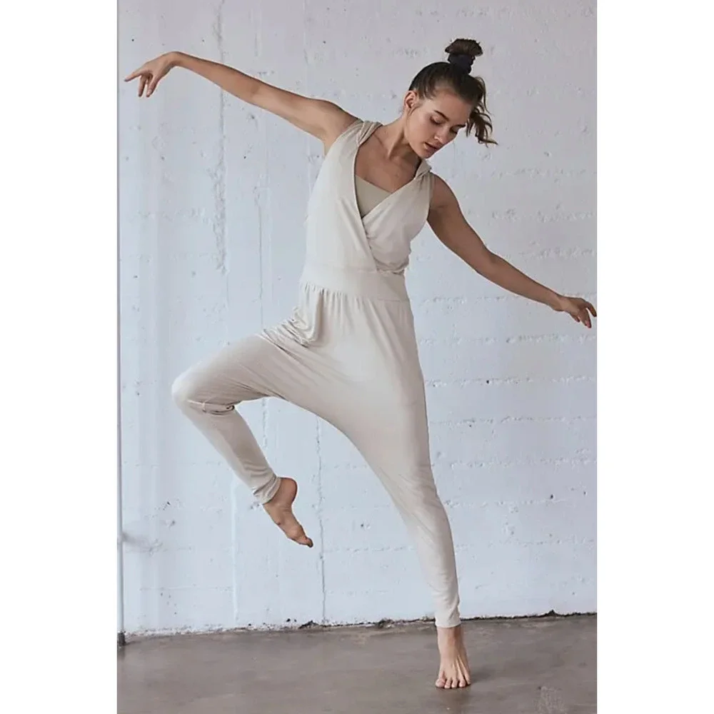 NEW FREE PEOPLE FP MOVEMENT BAMBOO BEIGE SECOND CHANCE ONE PIECE JUMPSUIT SZ L
